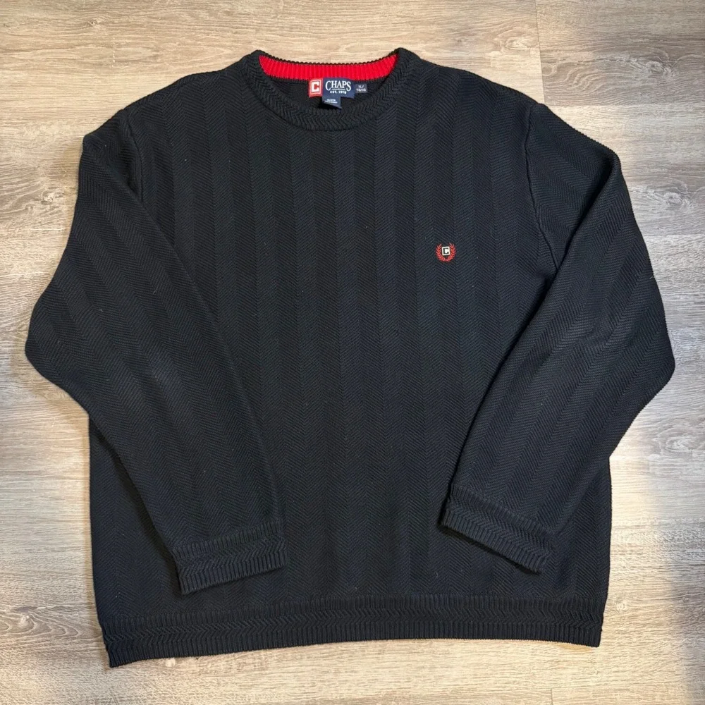 Chaps Mens XL Black Herringbone Textured Cotton Crewneck Sweater Red Trim Logo
